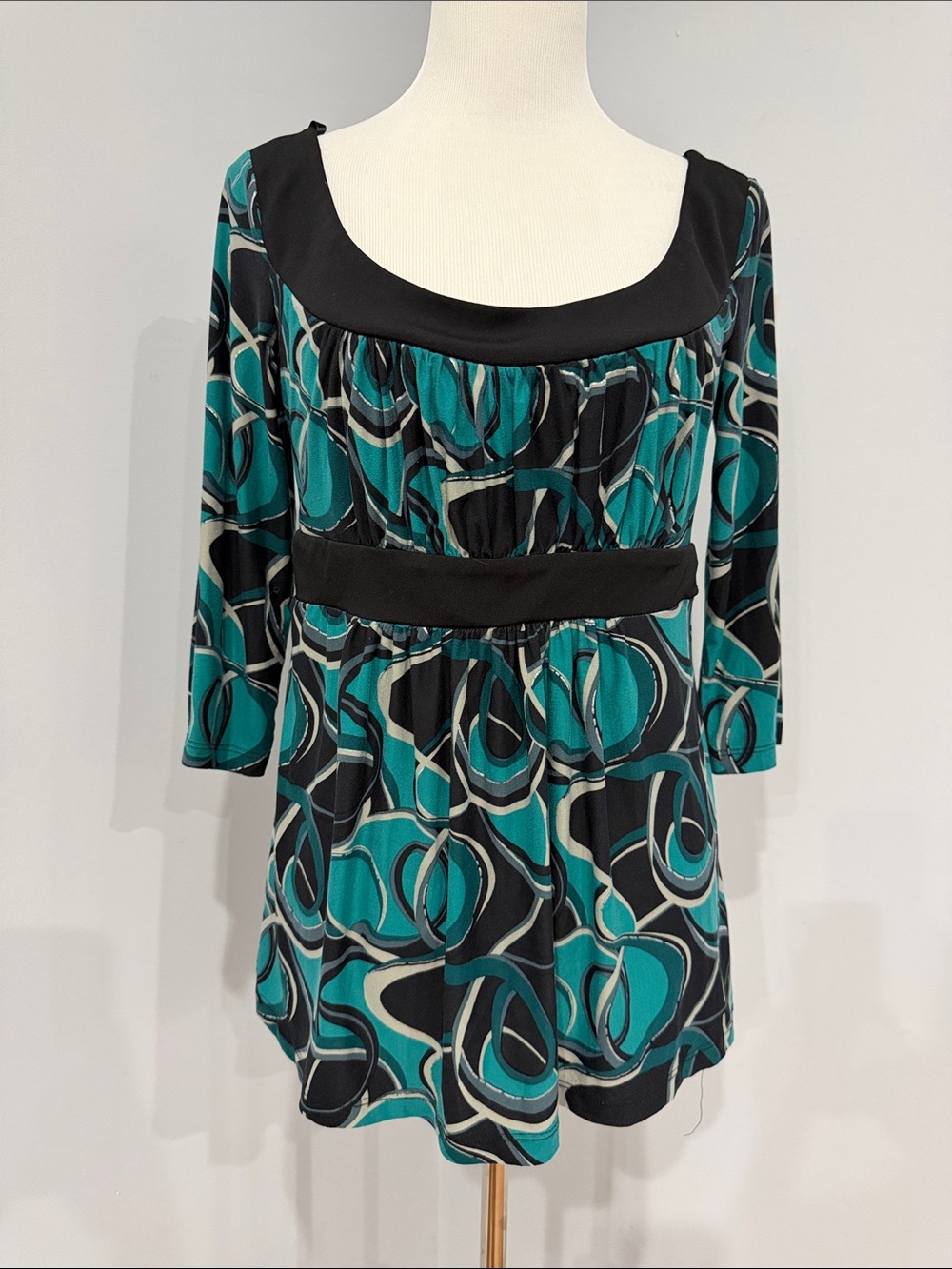 AB Studio Teal, Black and Cream Scoop-Neck Printed Empire Tunic